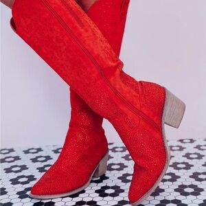 Red Suede Sparkle Knee-High Boots